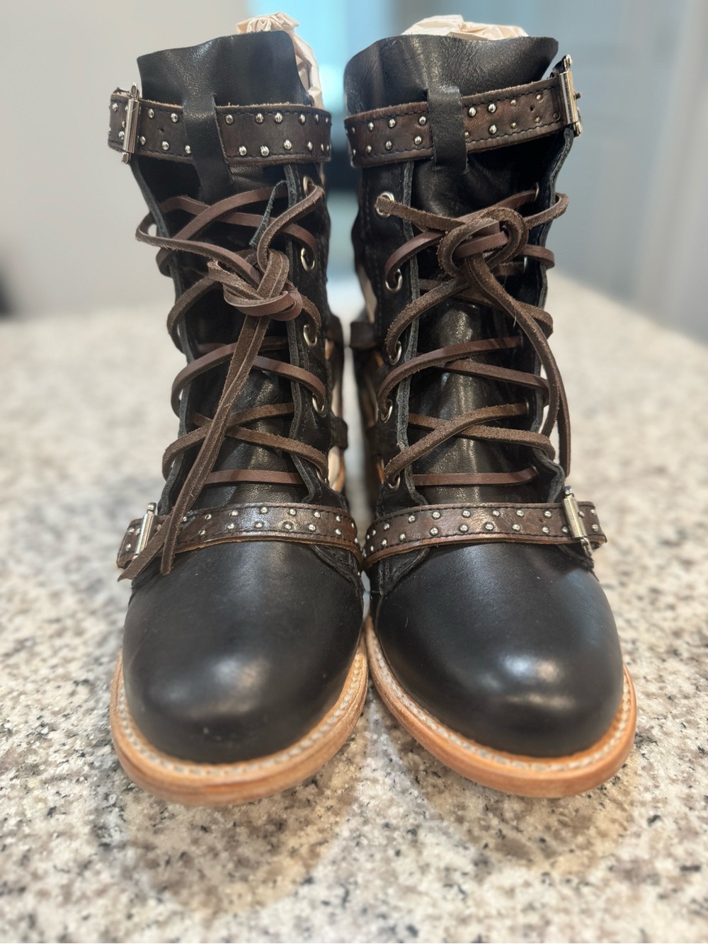 NEW FREEBIRD CHEYENNE Black Leather Ankle Boots with Brown Straps